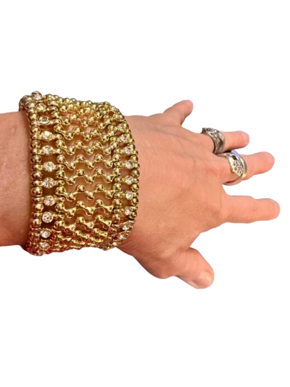 Vintage Wide Gold Tone Beaded Rhinestone Stretch Bracelet